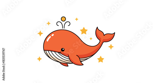 Cartoon illustration of a red whale with stylized stars on white background