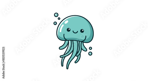 Cartoon jellyfish illustration smiling in light green with bubbles on white background