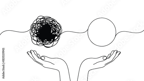 Conceptual line art illustration showing a tangled messy scribble transforming into a clear, simple circle, held and supported by two open hands underneath