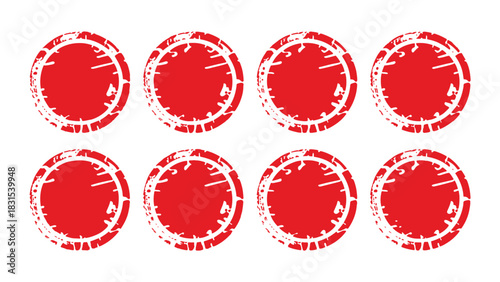 Eight red grunge circular stamp or seal icons arranged in two rows of four, perfect for design elements needing a distressed or vintage mark