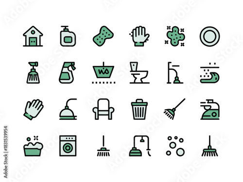 A collection of icons representing household cleaning and maintenance tasks.