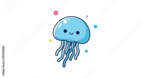 Cartoon jellyfish illustration with a smiling face and tentacles on white backdrop