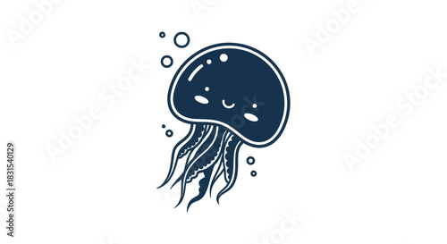 Cartoon jellyfish illustration with a smiling face and tentacles on white background