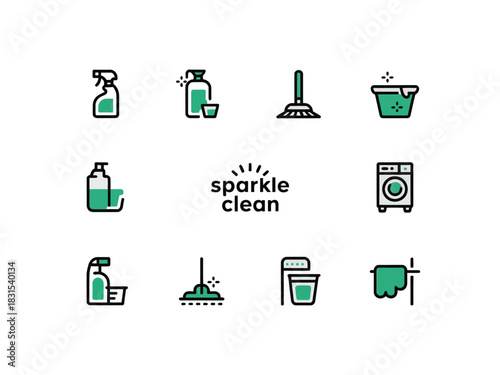 A set of cleaning icons representing various household chores and supplies.