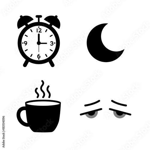 Insomnia and sleeplessness icon set including alarm clock, moon, coffee, and tired eyes