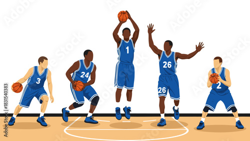 Set of isolated basketball players in various action poses, flat vector graphic art for sports design and concepts on white background
