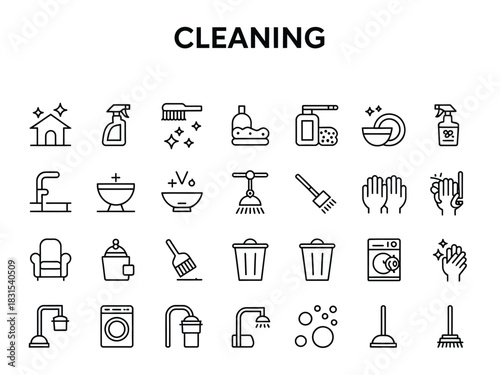 A collection of cleaning-related icons represents various household chores and tools.