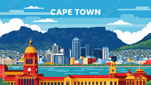 Cape Town Cityscape Vector Illustration with Mountain Backdrop