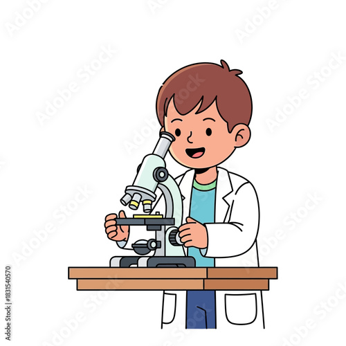 Illustration of a young scientist exploring the microscopic world with scientific tools in lab