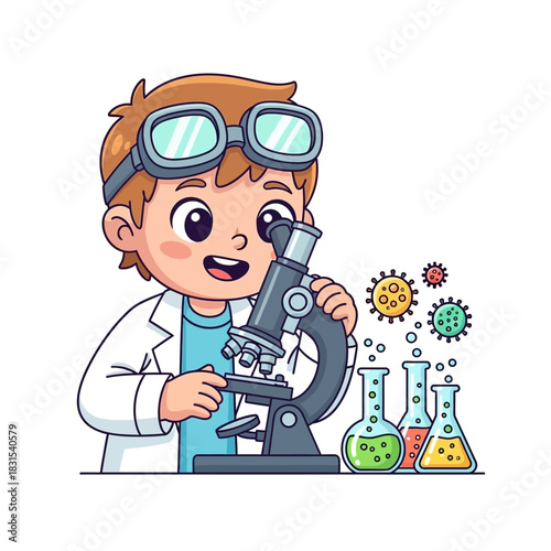 A young scientist enthusiastically explores the microscopic world in a colorful illustration