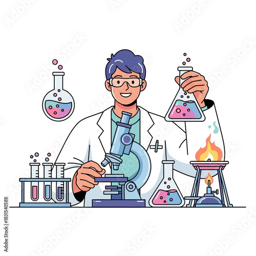 Scientist conducting experiments in the laboratory with various equipment and chemicals for