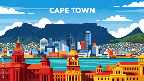 Vibrant Cape Town Skyline Illustration with Table Mountain Backdrop