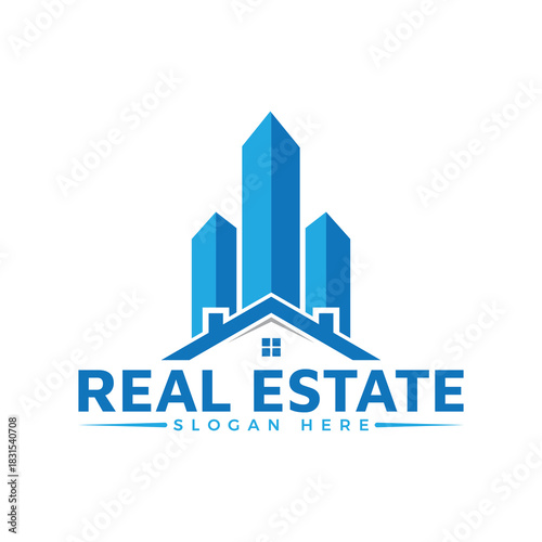 A blue real estate logo with buildings and a house roof design on a white isolated background