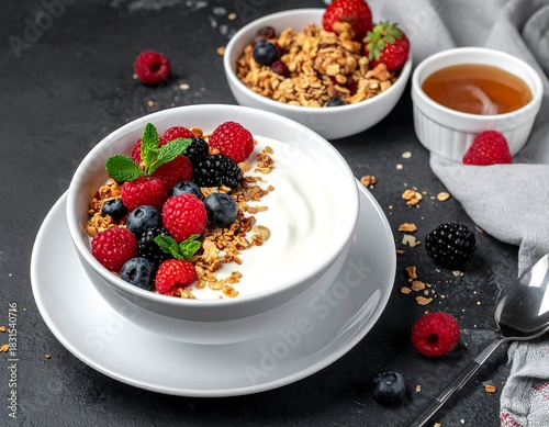 Yogurt parfait with fresh berries, granola, and honey