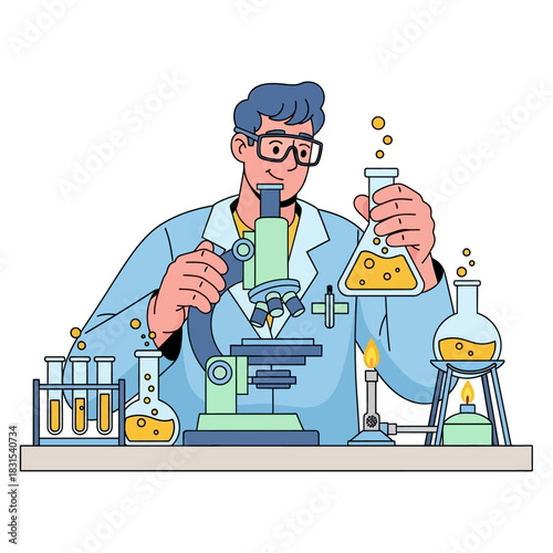 Scientist conducting a laboratory research with microscope and test tubes for medicine discovery