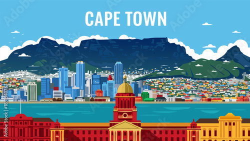 A vibrant vector illustration of the famous Cape Town city skyline, showcasing the iconic Table Mountain and the picturesque waterfront harbor