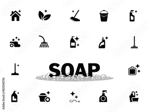 A collection of icons representing cleaning supplies and concepts.