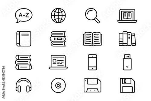 A collection of icons representing reading, learning, and technology.