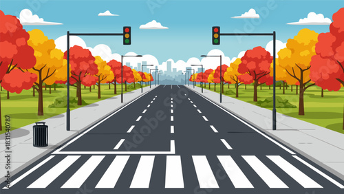 Illustration of a pedestrian crossing on a road with traffic lights and trees during the day, cityscape background
