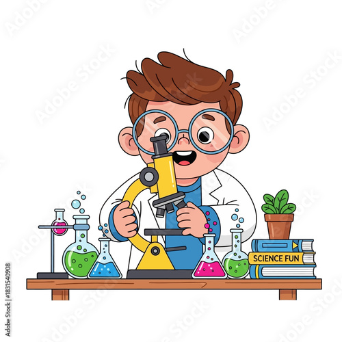 Enthusiastic young scientist engrossed in lab experiment with microscope and glassware on a wooden