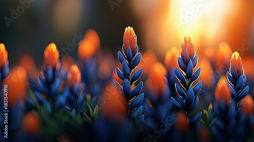 Close-up of vibrant blue and orange flowers in a field, illuminated by warm sunlight, creating a soft, dreamy atmosphere.