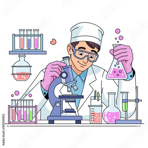 Illustration of a scientist performing laboratory experiments with scientific equipment