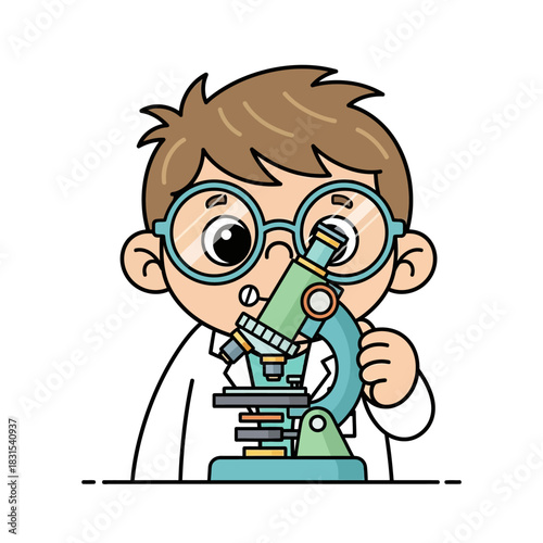 Young researcher cartoon character examining specimen with microscope in laboratory setting