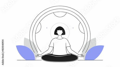 Woman meditating in lotus position with a halo, surrounded by abstract shapes and leaves in a minimalist style.