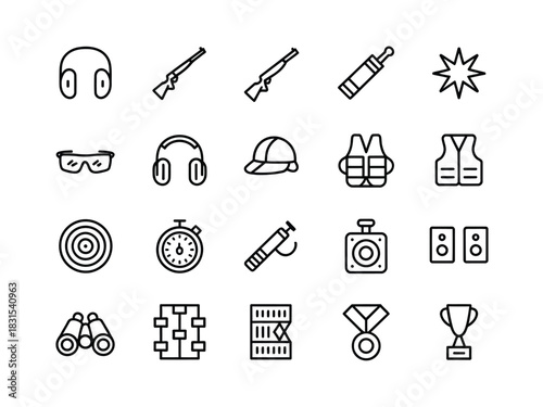 Collection of clay pigeon shooting sport equipment icons.