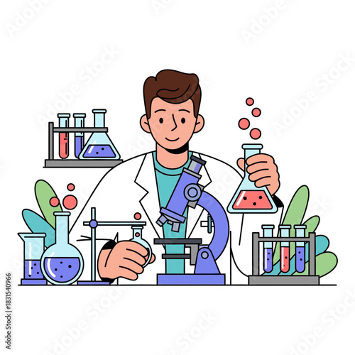 Illustration of a scientist conducting experiment in laboratory with scientific equipment