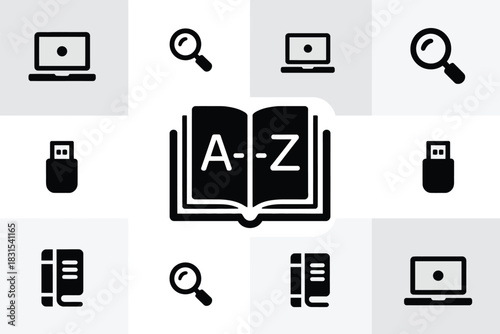 The open book with A-Z represents knowledge and learning, surrounded by icons of technology.