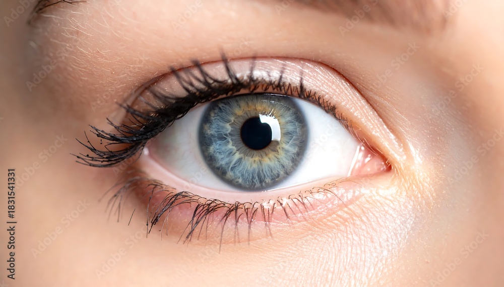 Obraz premium Close-up of a captivating blue eye with long eyelashes.