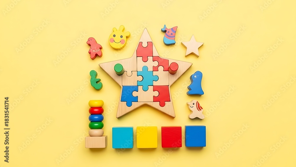 Obraz premium Colorful Wooden Toys and Puzzles Arranged in Star Shape on Yellow Background.