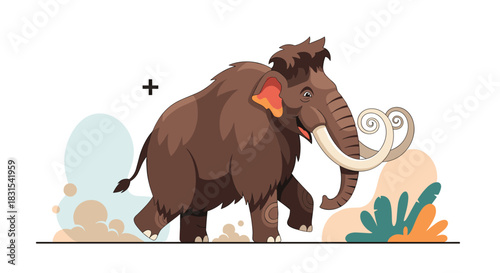 Dynamic illustration of a happy brown woolly mammoth with large tusks running, stirring up a cloud of dust.