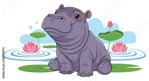 An adorable cartoon baby hippopotamus with an innocent expression rests peacefully on a green lily pad in a tranquil pond with pink water lilies.