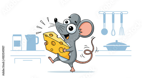 A joyful cartoon mouse runs happily through a minimalist kitchen, triumphantly carrying a giant wedge of Swiss cheese, celebrating its delicious find.
