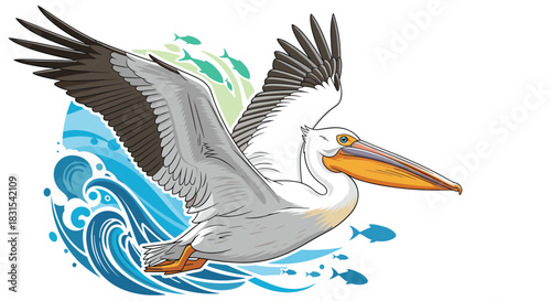 An illustrated white pelican in flight, with wide-spread wings, glides over stylized blue waves and swimming fish.