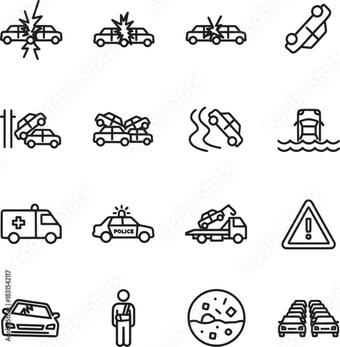 A black and white line-art collection of sixteen icons depicting various types of vehicle accidents, emergency services, vehicle damage, and related insurance concepts.