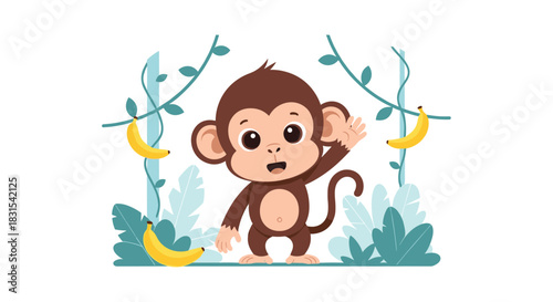 Happy little cartoon monkey standing and waving its hand in a vibrant jungle scene with green leaves and yellow bananas.