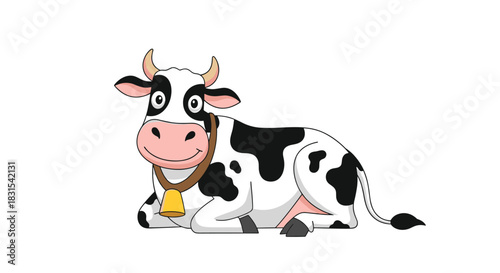 A friendly, smiling cartoon dairy cow with black spots and a cowbell, resting peacefully on a white background, perfect for agricultural and farm-themed designs.