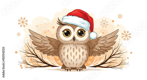 A cute cartoon owl wearing a red Santa hat stands with wings spread against a warm winter background with snowflakes and bare branches.
