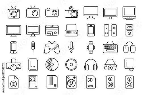A collection of flat, line-art icons representing various electronic devices and technology.