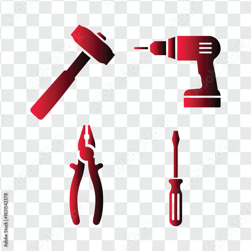Tool Set in Crimson: An elegant collection of essential tools, each rendered in a rich crimson hue, meticulously arranged to showcase functionality and design for the discerning enthusiast.