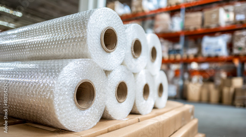 Bubble wrap rolls packed in a warehouse storage facility
