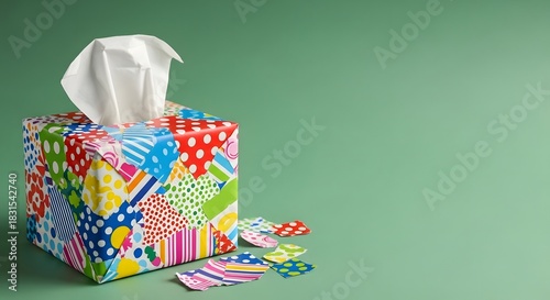 Colorful tissue box with tissues on green background for cold and flu season