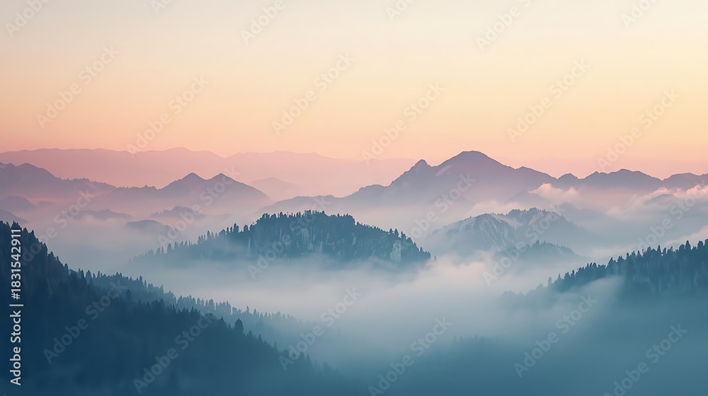 Obraz premium Watercolor painting background, mountains in the morning mist, soft pastel sunrise colors, gentle brush strokes, paper texture, dreamy and ethereal, light and airy 