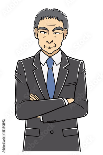 腕を組んでニヤニヤしているスーツの中年男性（上半身）