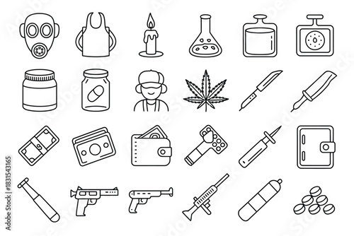 A collection of icons representing various contraband items and substances.