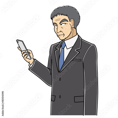 スマートフォンを見ているスーツの中年男性・斜め左向き（上半身）