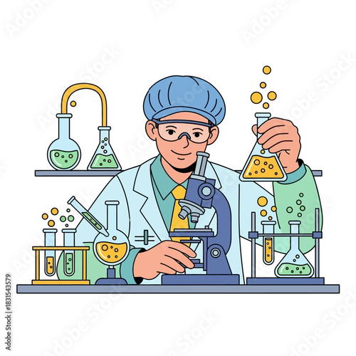 Illustrative scientist character performing scientific experiments with laboratory equipment and